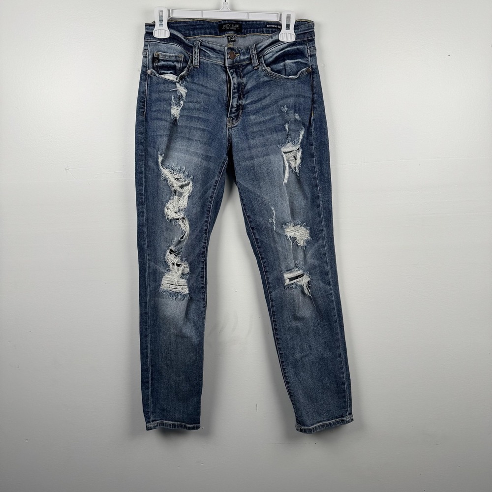 Judy Blue Jeans Womens 7/28 (28x27) Blue Distressed Boyfriend Fit Ripped Denim